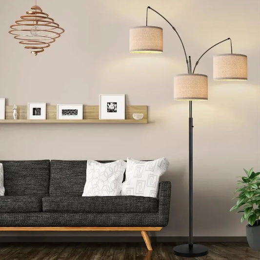 3 Lights Arc Floor Lamps for Living Room, 1000LM Modern Tall Standing Lamp With Beige Shades & Heavy Base, 3 LED Bulbs Include ShadesArray