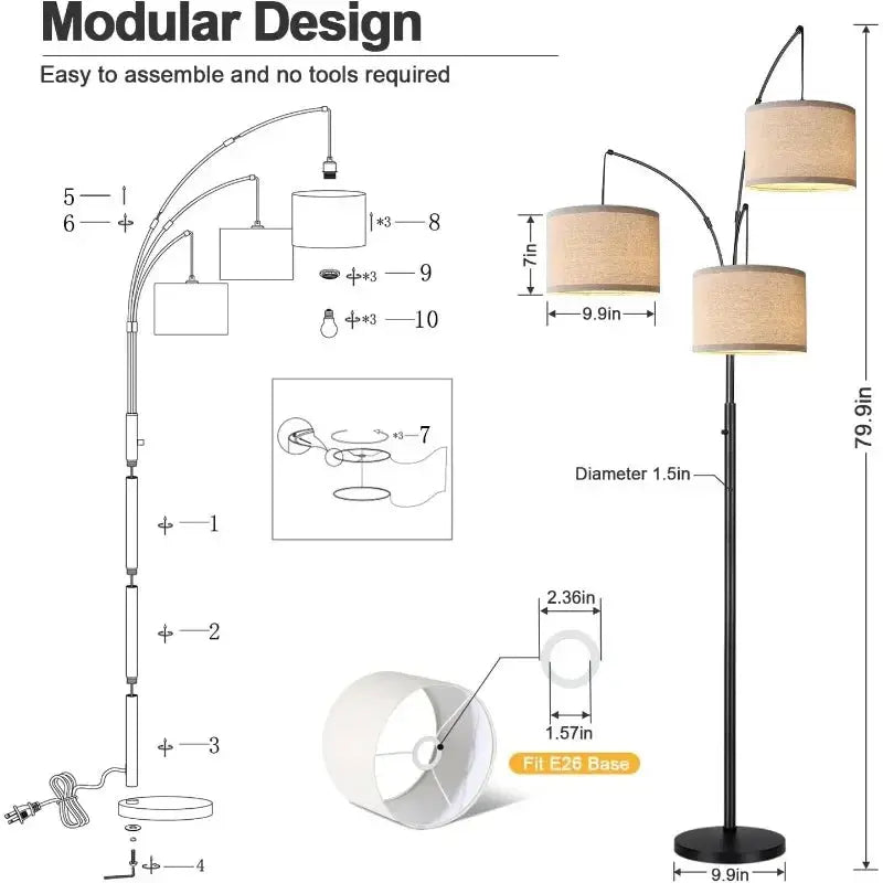 3 Lights Arc Floor Lamps for Living Room, 1000LM Modern Tall Standing Lamp With Beige Shades & Heavy Base, 3 LED Bulbs Include ShadesArray