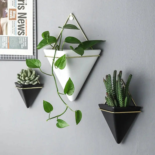 NEW Wall Mounted Triangle Plant Flower Pot Nordic Ceramic Flowerpot Succulent Plant Holder Indoor Hanging Planter Geometric Vase Shades Array