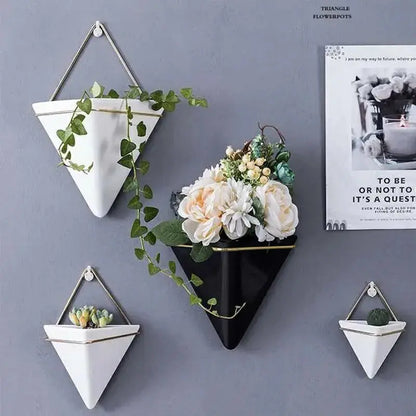 NEW Wall Mounted Triangle Plant Flower Pot Nordic Ceramic Flowerpot Succulent Plant Holder Indoor Hanging Planter Geometric Vase Shades Array