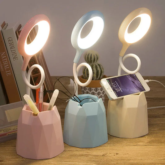 Creative USB Table Light Morden College Dorm Bedroom Study Led Desk Lamp Pen Container Macaroon Eye Protection Ring Table Lamps Shades Array