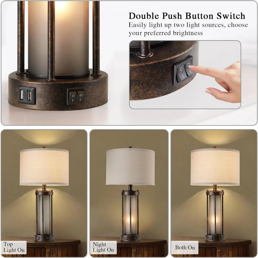Retro Gray Glass Night Light Desk Lamps for Bedroom Entryway 4 Bulbs Included Vintage Rustic Nightstand Lamp With 2 USB Ports Shades Array